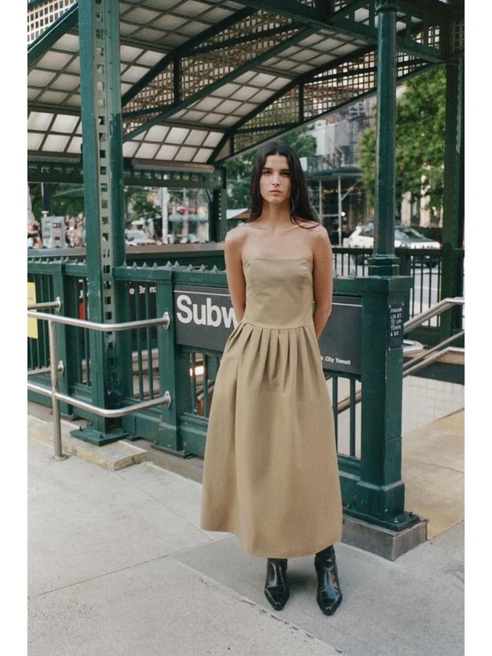 Zara Womens Strapless Midi Dress Large Khaki Off Shoulder Pleated 3067/271 NWT